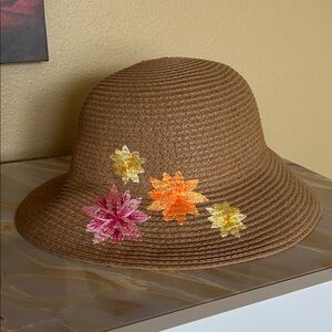 Brown Straw Sun Hat with Floral Embroidery
